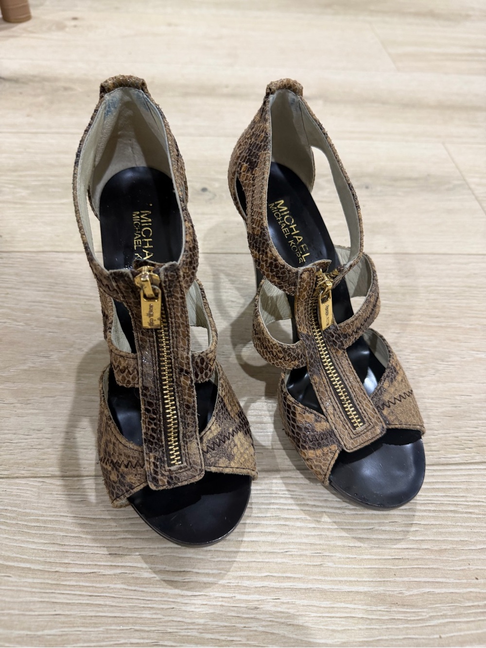 MICHAEL Michael Kors Brown Snake-Print Zip Front Women’s Heels
